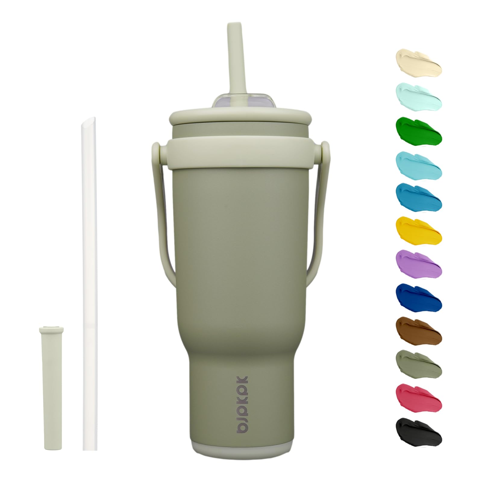 BJPKPK 40 OZ Insulated Travel Tumbler with Handle and Straw, Stainless Steel Water Bottle, Double Wall Vacuum Insulated Mug, for Work, Car, Travel, Olive Green