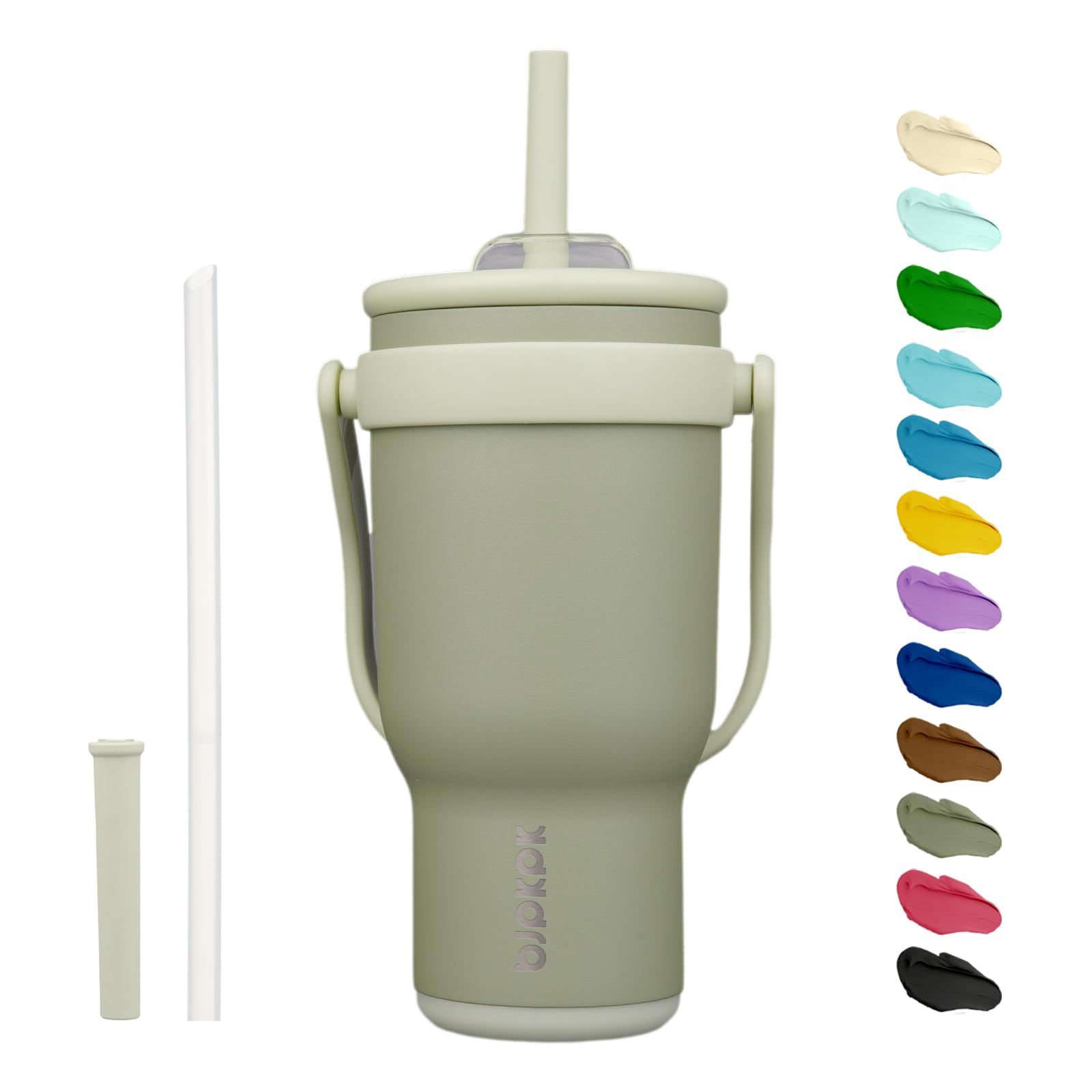 BJPKPK 40 OZ Insulated Travel Tumbler with Handle and Straw, Stainless Steel Water Bottle, Double Wall Vacuum Insulated Mug, for Work, Car, Travel, Olive Green