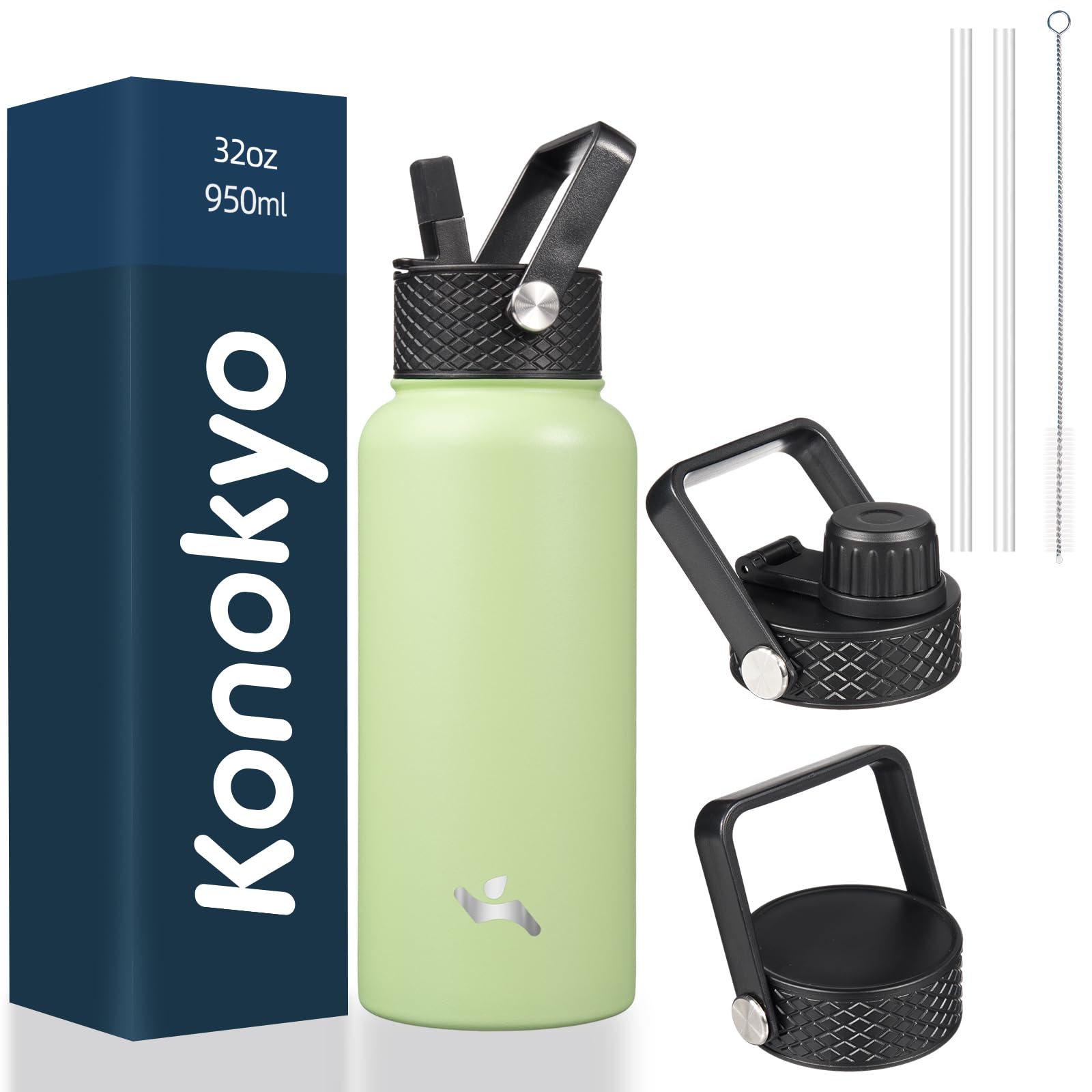 22oz Stainless Steel Bottles with 3 Lids Sport Insulated Water Bottle,Macaron Green