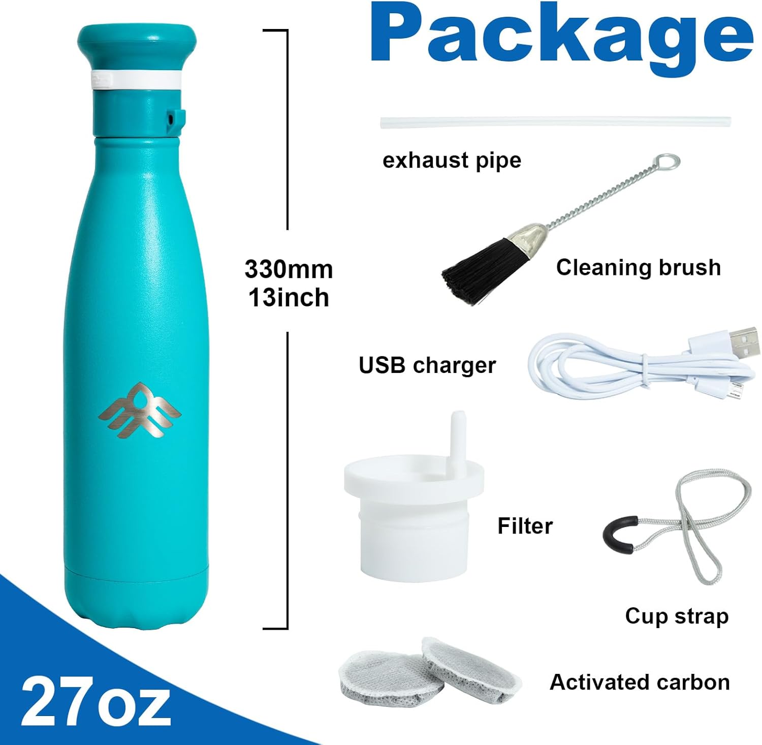 27oz Smart Self Cleaning Water Large Bottle Artic 304 Stainless Steel Insulated Light Purifying Bottle LED + Activated-Carbon Filter USB-C Rechargeable BPA-Free for Outdoor & Sports