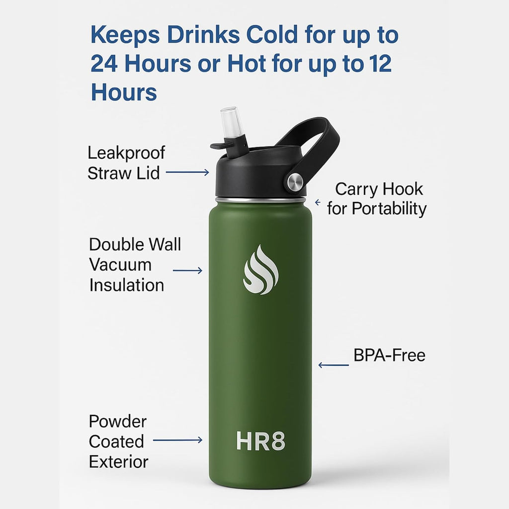 HR8 Stainless Steel Insulated Water Bottle with Straw Lid, Wide Mouth Stainless Steel Metal Water Bottle – 24H Cold, 12H Hot, Leakproof, BPA-Free (Army Green, 22 Ounces - 650ml)
