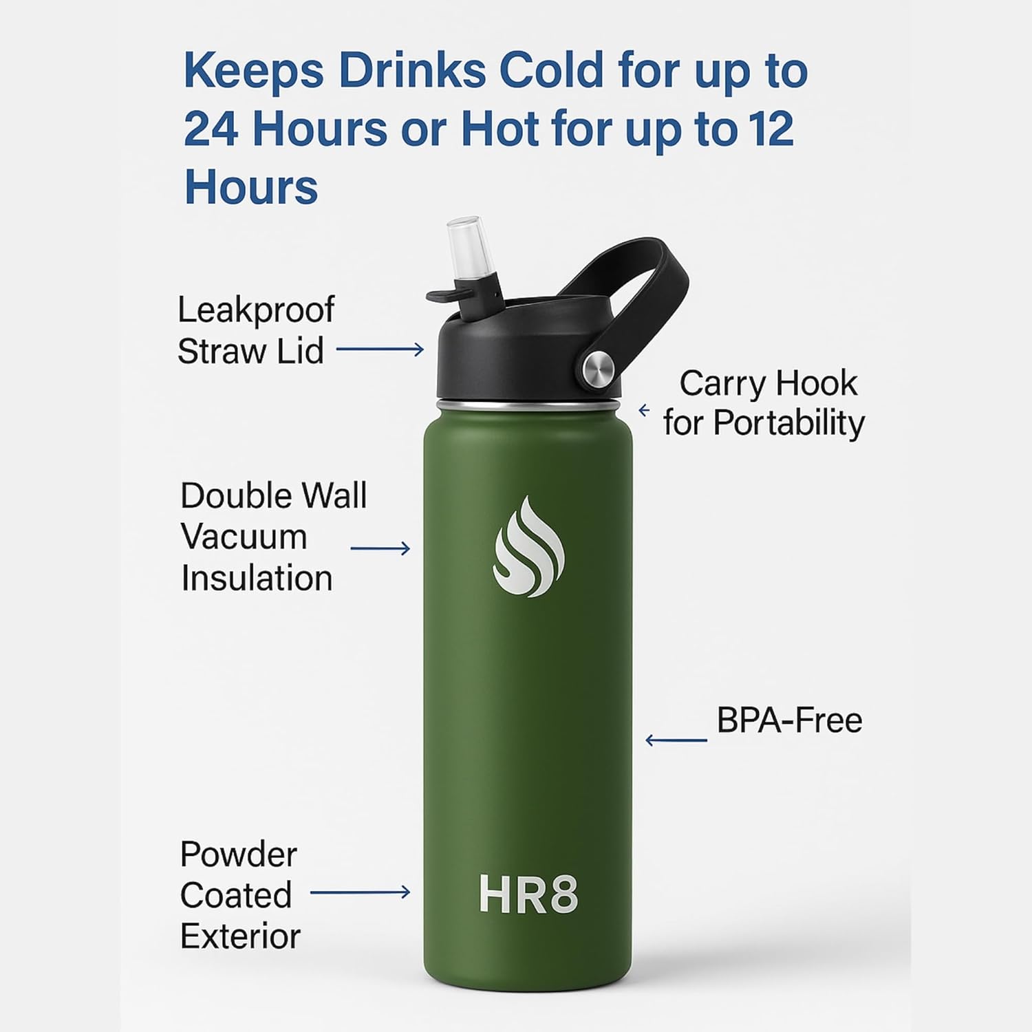 HR8 Stainless Steel Insulated Water Bottle with Straw Lid, Wide Mouth Stainless Steel Metal Water Bottle – 24H Cold, 12H Hot, Leakproof, BPA-Free (Army Green, 22 Ounces - 650ml)