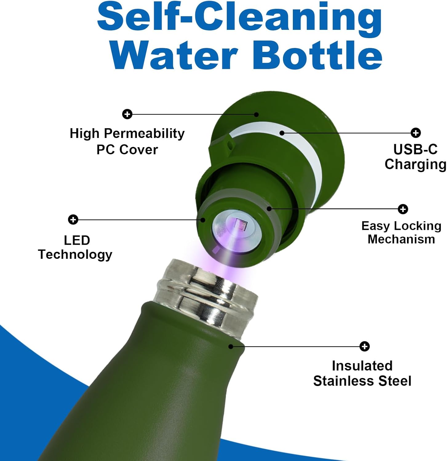 27oz Smart Self Cleaning Water Large Bottle Artic 304 Stainless Steel Insulated Light Purifying Bottle LED + Activated-Carbon Filter USB-C Rechargeable BPA-Free for Outdoor & Sports