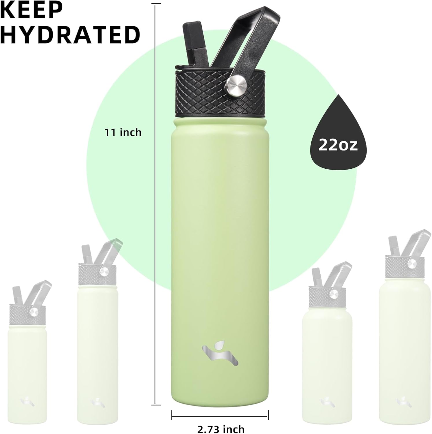 22oz Stainless Steel Bottles with 3 Lids Sport Insulated Water Bottle,Macaron Green