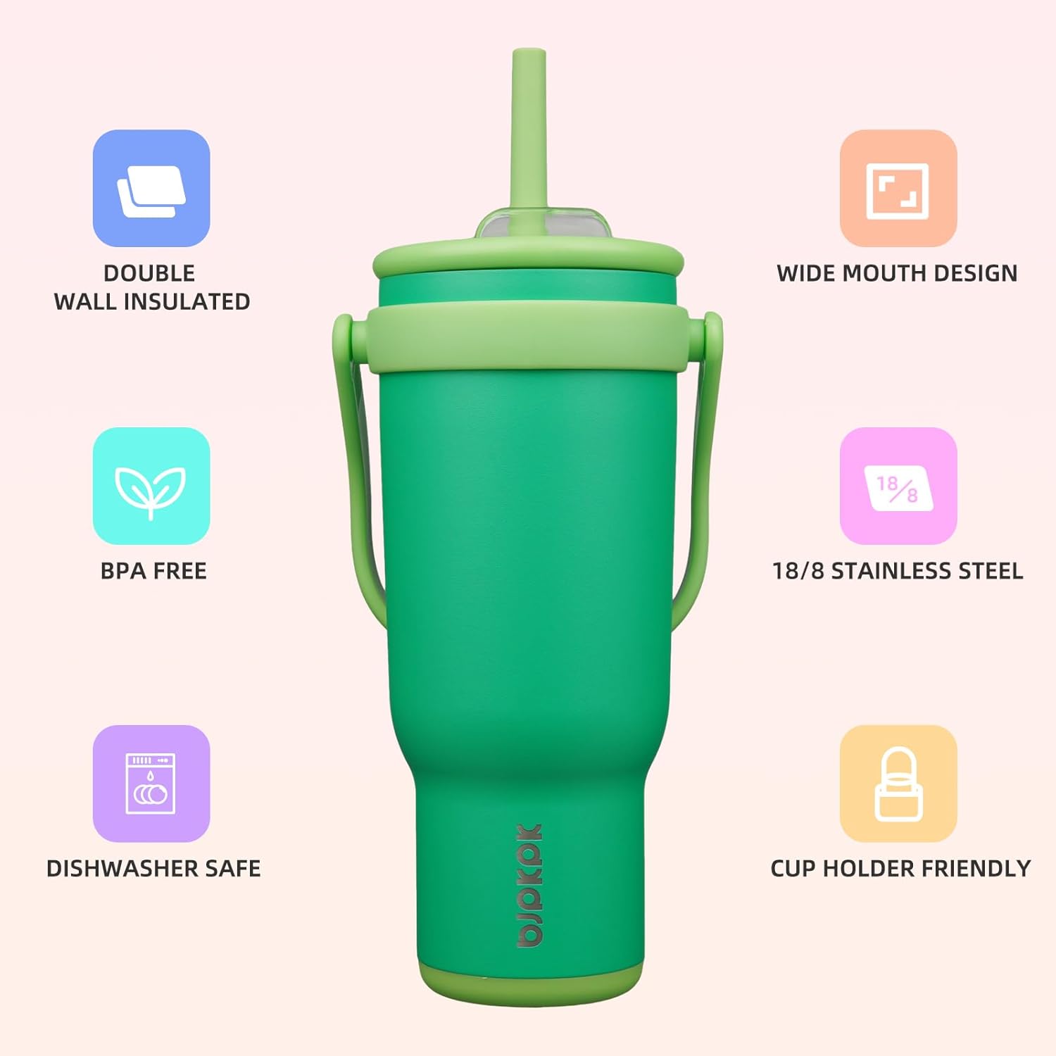 BJPKPK 40 OZ Insulated Travel Tumbler with Handle and Straw, Stainless Steel Water Bottle, Double Wall Vacuum Insulated Mug, for Work, Car, Travel, Olive Green