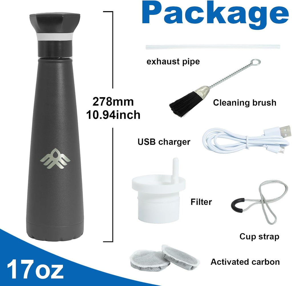 17oz Smart Self-Cleaning Water Bottle Slate Stainless Steel Insulated LED Light Water Bottle with Activated-Carbon Module, USB-C Rechargeable BPA-Free Purifying Bottles for Travel, Gym & Office