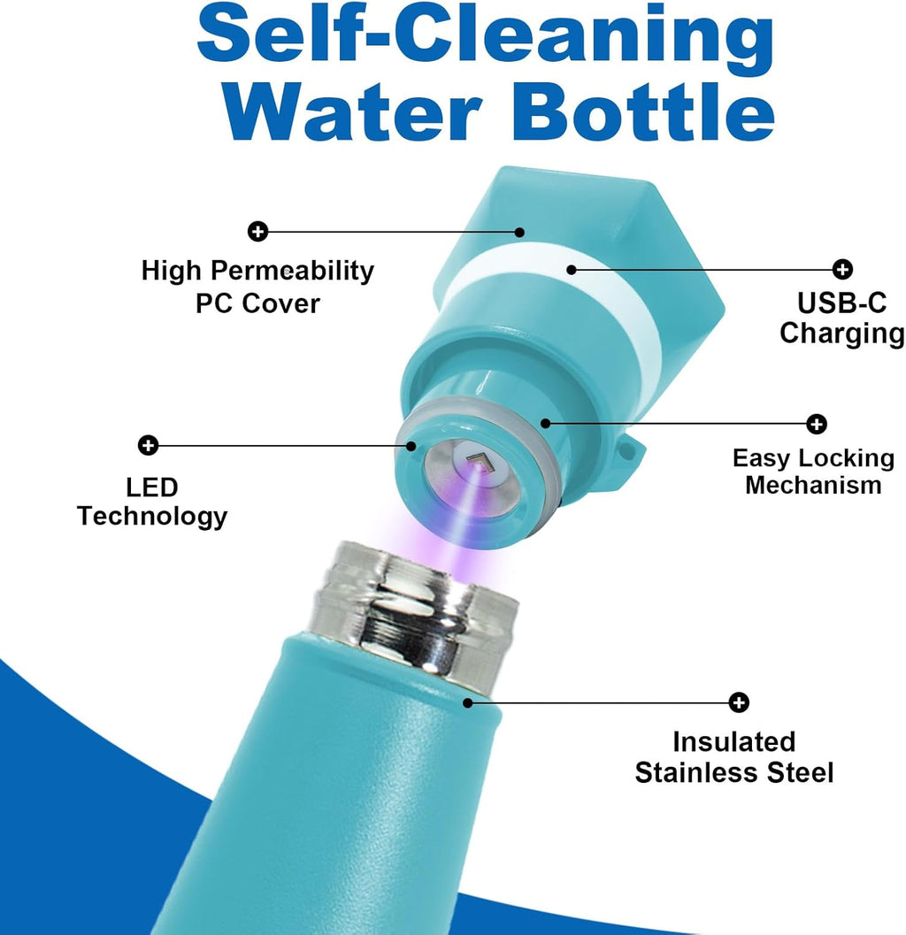 17oz Smart Self-Cleaning Water Bottle Slate Stainless Steel Insulated LED Light Water Bottle with Activated-Carbon Module, USB-C Rechargeable BPA-Free Purifying Bottles for Travel, Gym & Office