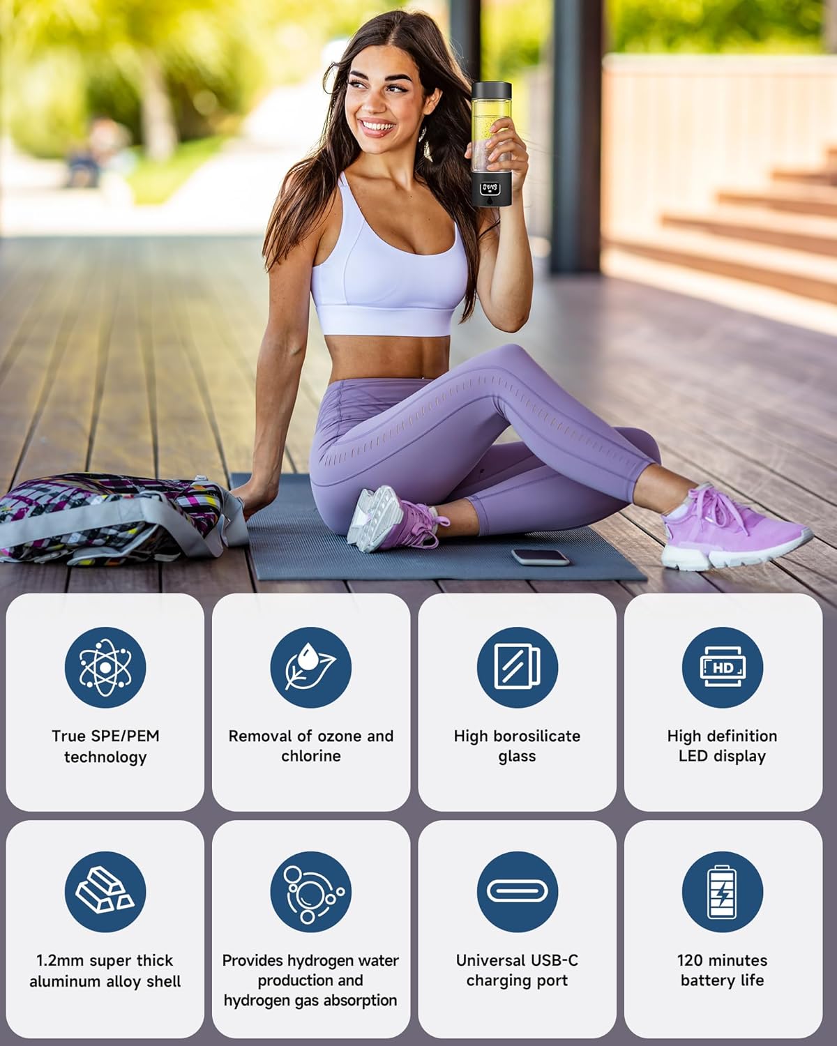 Hydrogen Water Bottle - Portable, Rechargeable, LED Timer, Aluminum and Glass, 5000 PPB Hydrogen in 10 Minutes, for Husband, Father, Friend & Family, for Sports, Home, Office (Black, 340ml)