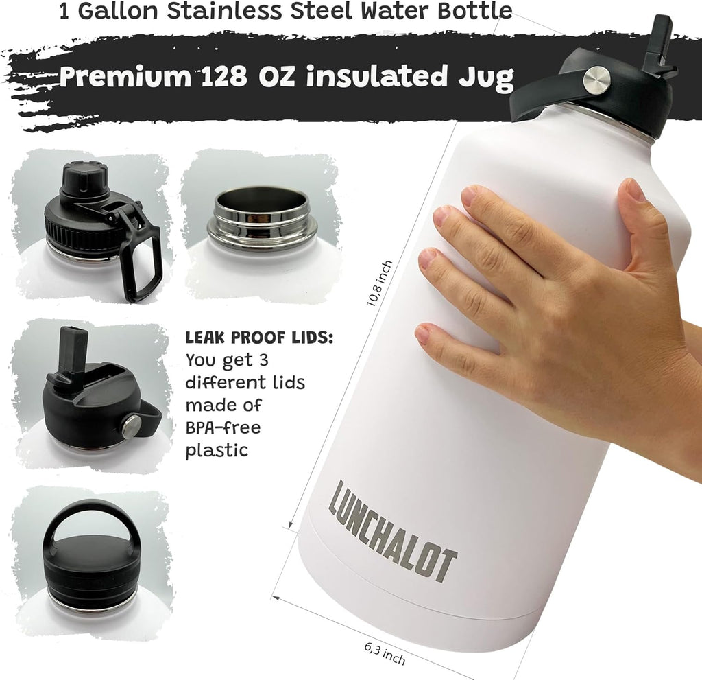 1 Gallon Water Bottle - 128 Oz Insulated Stainless Steel Metal Water Bottle with Holder - Carrying Bag - Spout Handle - Straw Lids - Keep Cold & Hot - White Tactical Flask