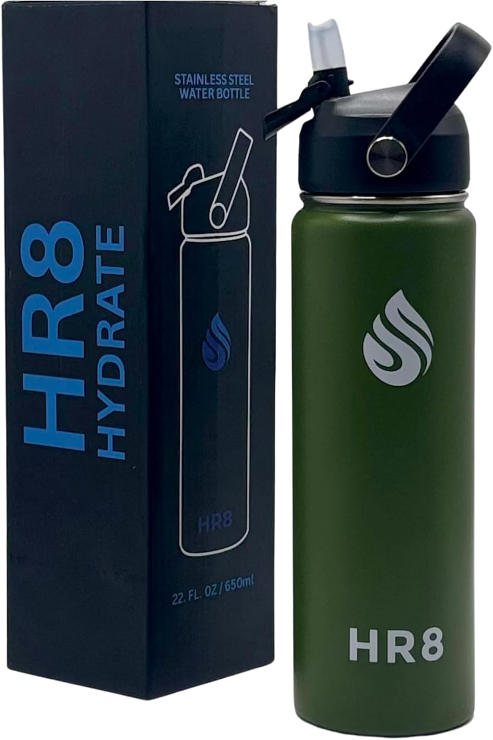 HR8 Stainless Steel Insulated Water Bottle with Straw Lid, Wide Mouth Stainless Steel Metal Water Bottle – 24H Cold, 12H Hot, Leakproof, BPA-Free (Army Green, 22 Ounces - 650ml)