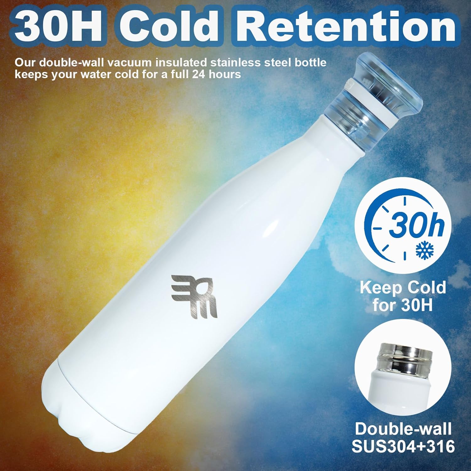 27oz Smart Self Cleaning Water Large Bottle Artic 304 Stainless Steel Insulated Light Purifying Bottle LED + Activated-Carbon Filter USB-C Rechargeable BPA-Free for Outdoor & Sports