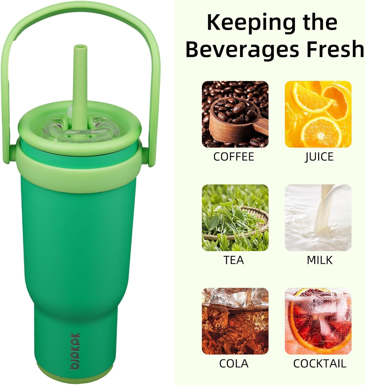 BJPKPK 40 OZ Insulated Travel Tumbler with Handle and Straw, Stainless Steel Water Bottle, Double Wall Vacuum Insulated Mug, for Work, Car, Travel, Olive Green