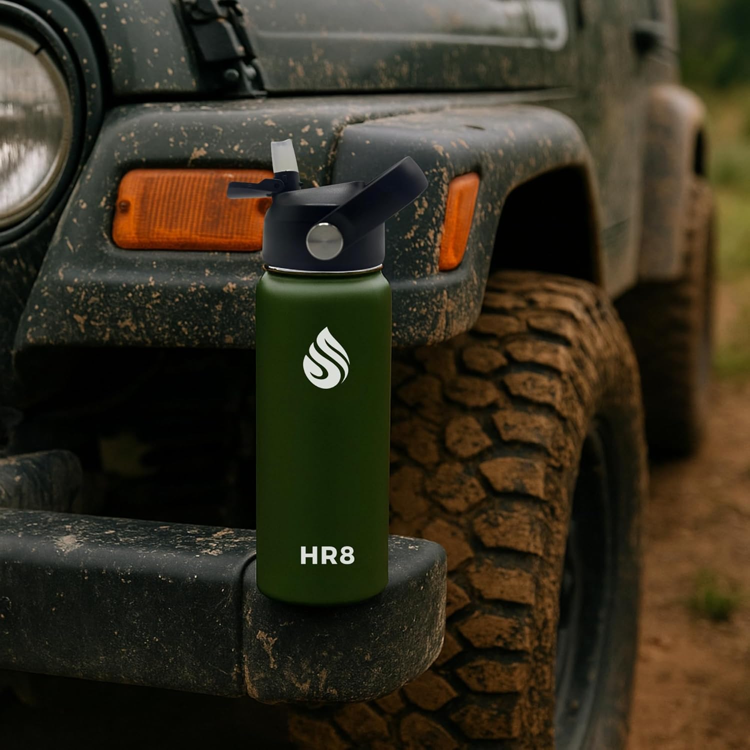 HR8 Stainless Steel Insulated Water Bottle with Straw Lid, Wide Mouth Stainless Steel Metal Water Bottle – 24H Cold, 12H Hot, Leakproof, BPA-Free (Army Green, 22 Ounces - 650ml)