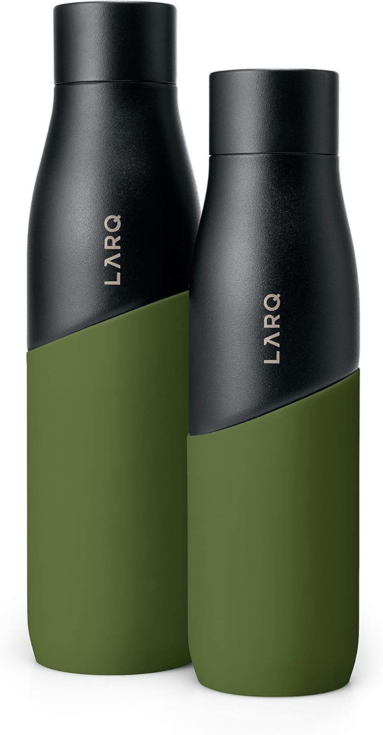 LARQ Bottle Movement PureVis 24 oz- Lightweight Self-Cleaning and Non-Insulated Stainless Steel Water Bottle with UV Water Purifier | Reusable & Travel Friendly, Black/Pine