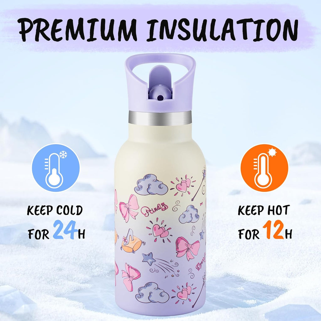 12oz Kids Water Bottle – Insulated Stainless Steel Bottle with Straw Lid, BPA-Free, Leak-Proof, for Toddlers & School Use