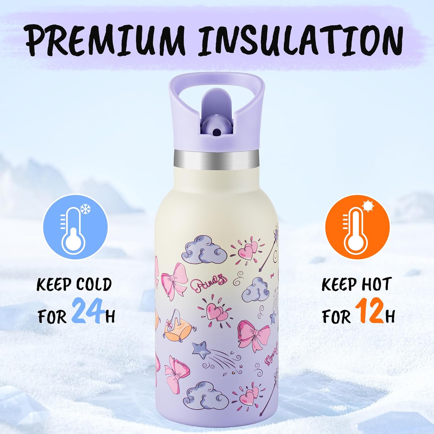 12oz Kids Water Bottle – Insulated Stainless Steel Bottle with Straw Lid, BPA-Free, Leak-Proof, for Toddlers & School Use