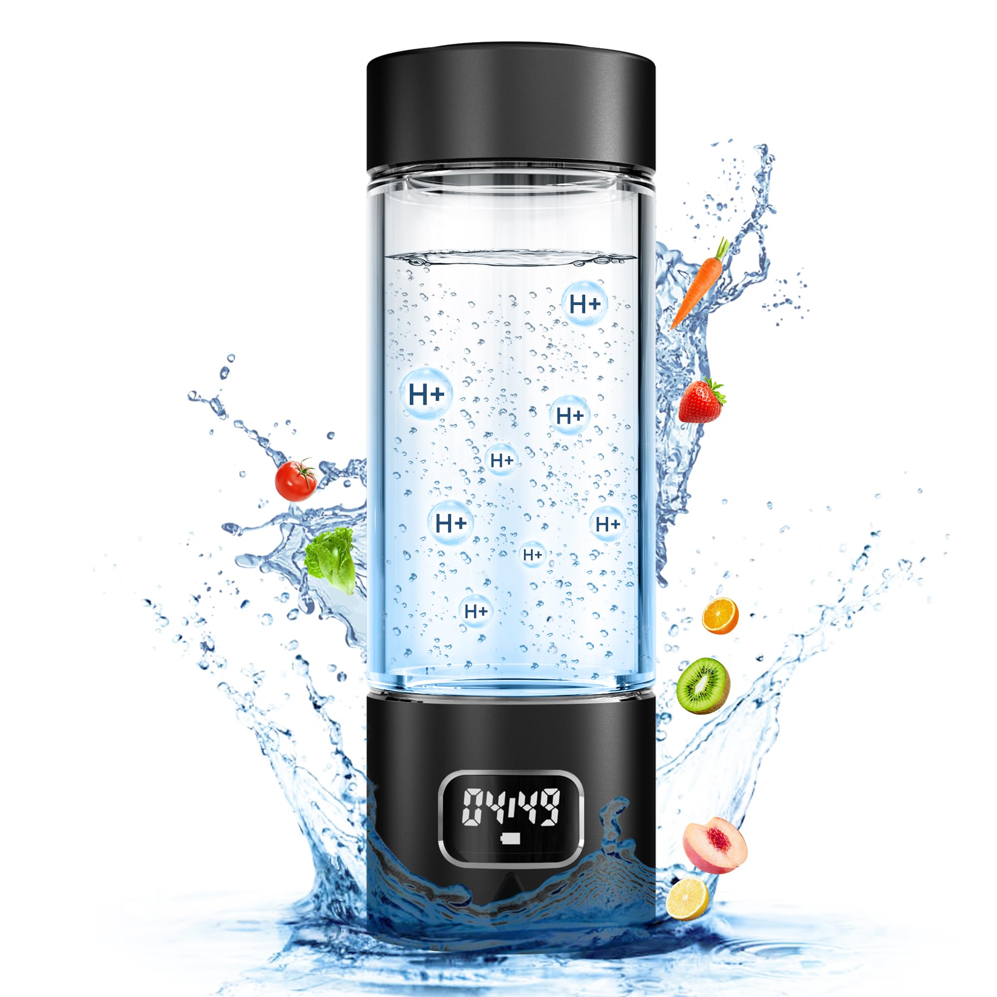 Hydrogen Water Bottle - Portable, Rechargeable, LED Timer, Aluminum and Glass, 5000 PPB Hydrogen in 10 Minutes, for Husband, Father, Friend & Family, for Sports, Home, Office (Black, 340ml)