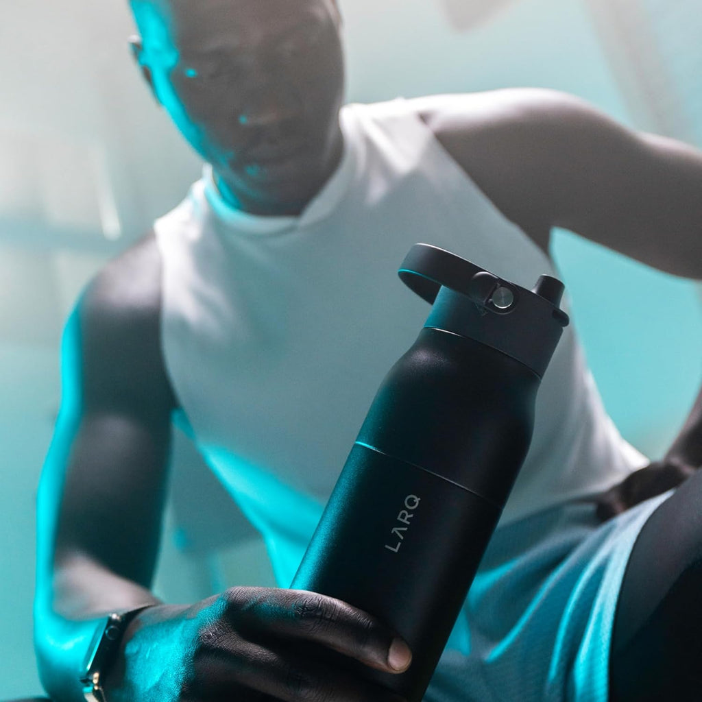 LARQ Twice as Nice Set Bottle Swig Top 23oz - Insulated Stainless Steel Water Bottle With Built-In Silicone Handle, Mojave Dune & Obsidian Black