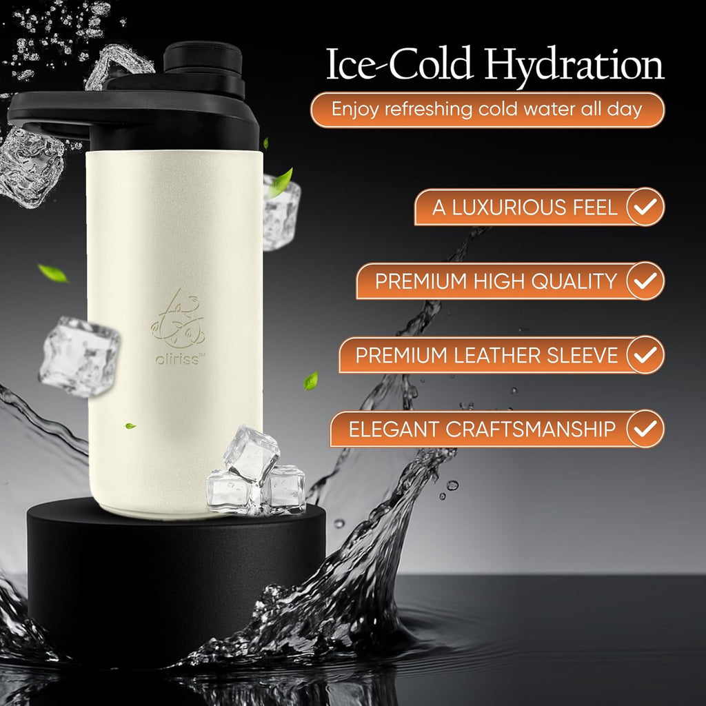 Reusable Water Bottle Leather Flask – 18Oz Stainless Steel Bottle with Genuine Handmade Leather Pouch – Double Wall Insulated Design with Wide Mouth – Leakproof Lid and Ergonomic Handle