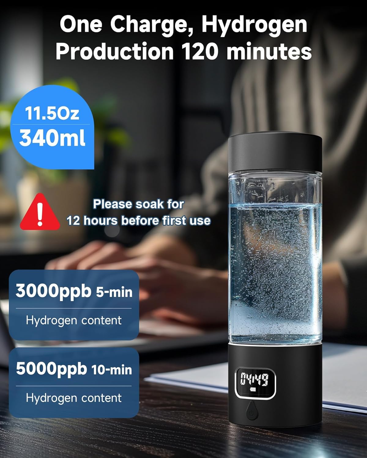 Hydrogen Water Bottle - Portable, Rechargeable, LED Timer, Aluminum and Glass, 5000 PPB Hydrogen in 10 Minutes, for Husband, Father, Friend & Family, for Sports, Home, Office (Black, 340ml)