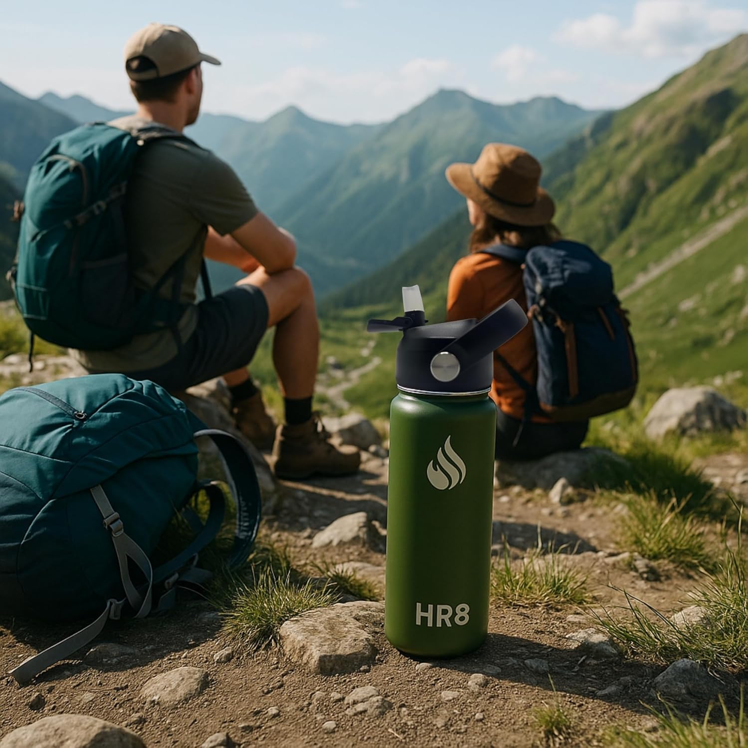 HR8 Stainless Steel Insulated Water Bottle with Straw Lid, Wide Mouth Stainless Steel Metal Water Bottle – 24H Cold, 12H Hot, Leakproof, BPA-Free (Army Green, 22 Ounces - 650ml)