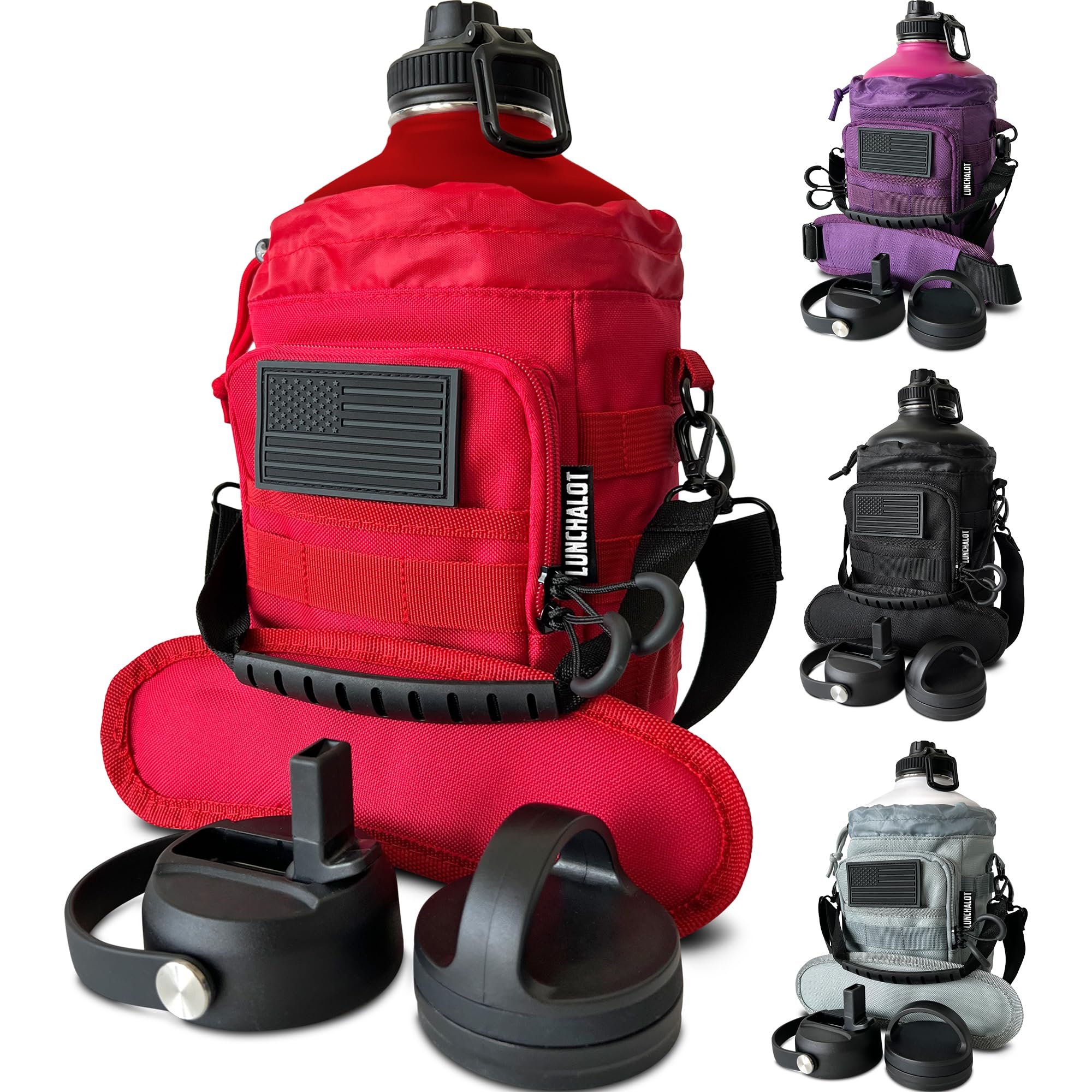 1 Gallon Water Bottle - 128 Oz Insulated Stainless Steel Metal Water Bottle with Holder - Carrying Bag - Spout Handle - Straw Lids - Keep Cold & Hot - White Tactical Flask