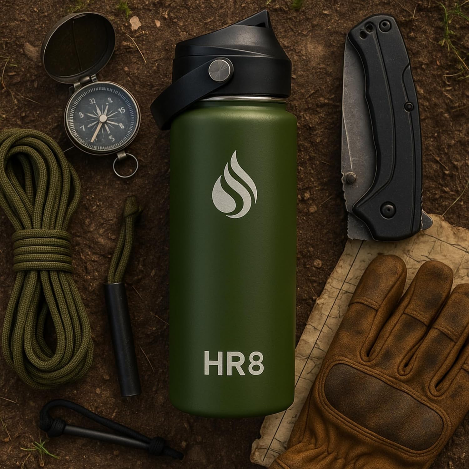HR8 Stainless Steel Insulated Water Bottle with Straw Lid, Wide Mouth Stainless Steel Metal Water Bottle – 24H Cold, 12H Hot, Leakproof, BPA-Free (Army Green, 22 Ounces - 650ml)
