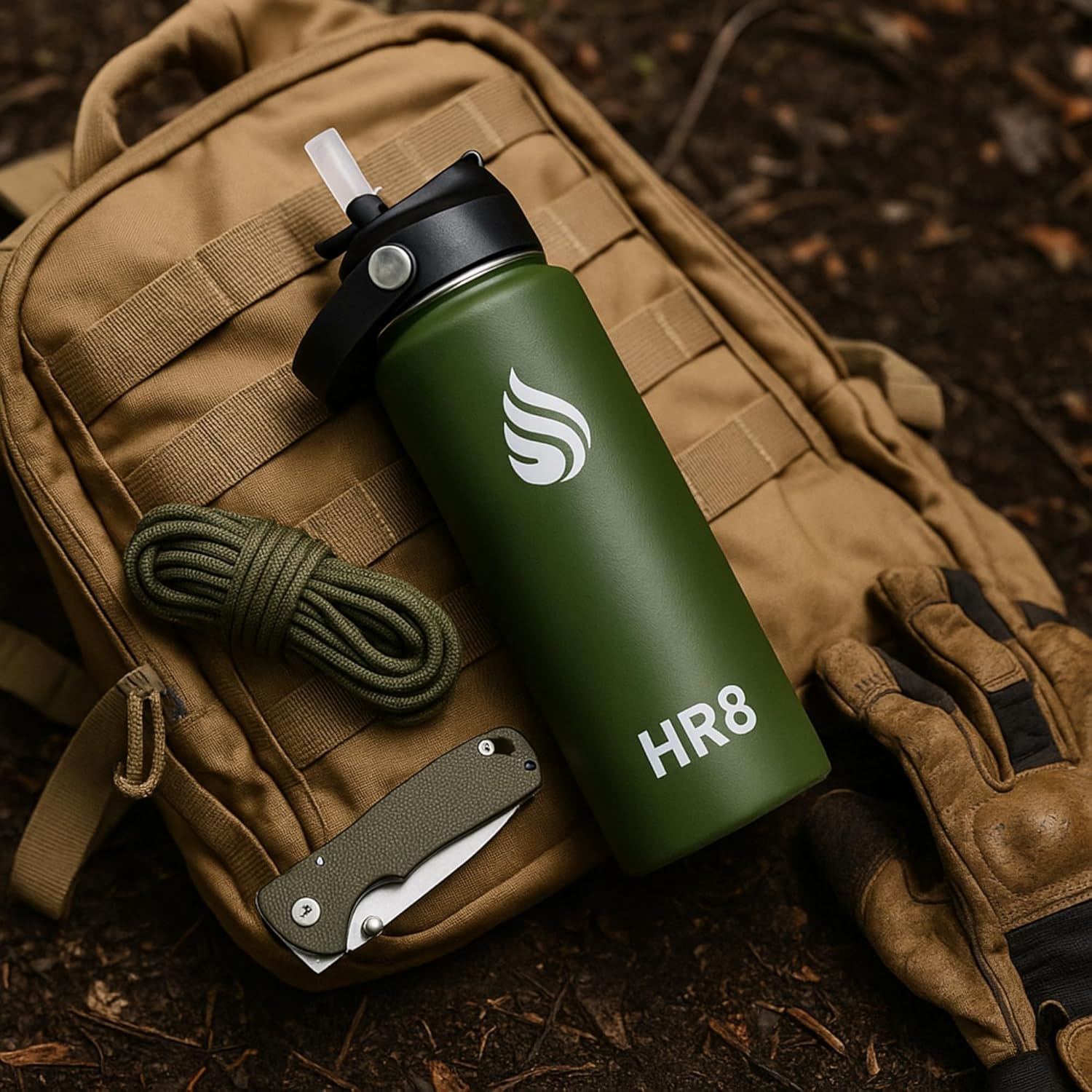 HR8 Stainless Steel Insulated Water Bottle with Straw Lid, Wide Mouth Stainless Steel Metal Water Bottle – 24H Cold, 12H Hot, Leakproof, BPA-Free (Army Green, 22 Ounces - 650ml)