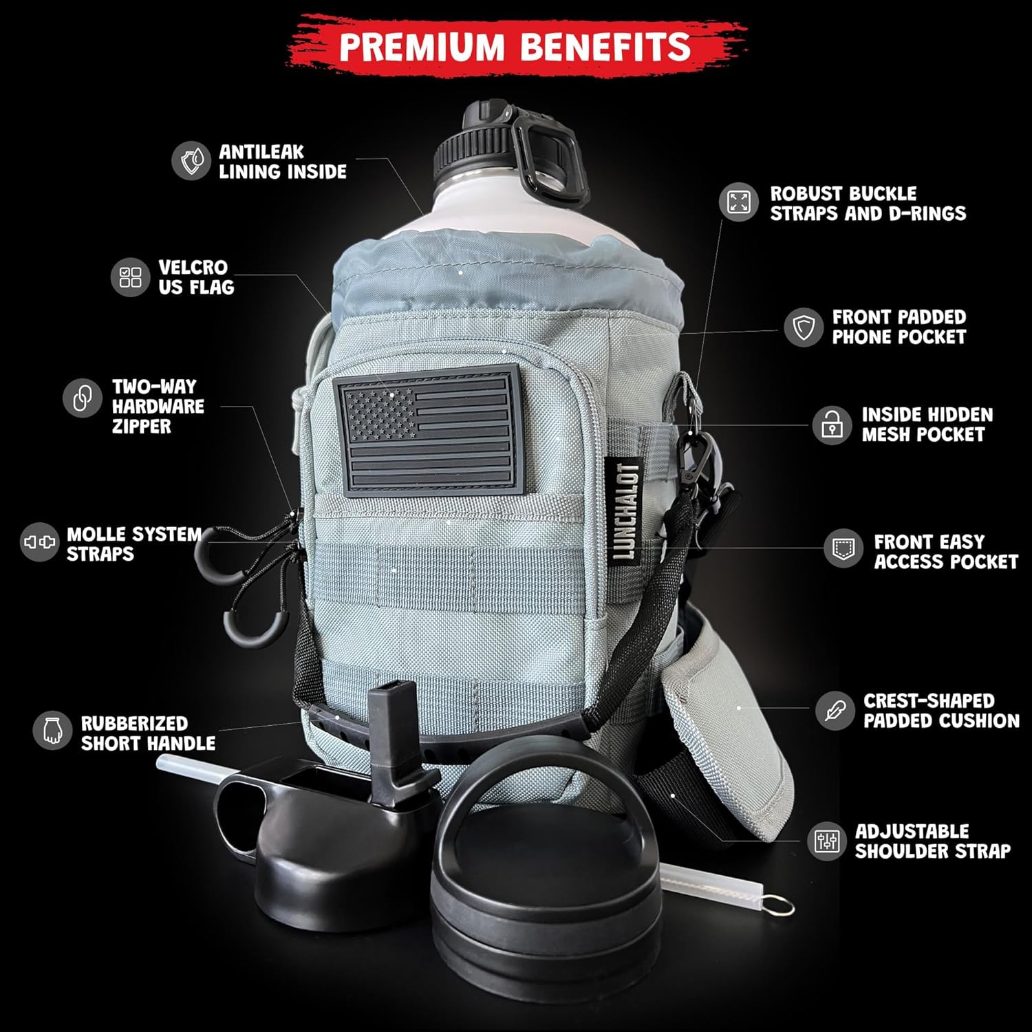 1 Gallon Water Bottle - 128 Oz Insulated Stainless Steel Metal Water Bottle with Holder - Carrying Bag - Spout Handle - Straw Lids - Keep Cold & Hot - White Tactical Flask