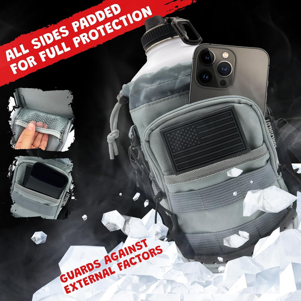 1 Gallon Water Bottle - 128 Oz Insulated Stainless Steel Metal Water Bottle with Holder - Carrying Bag - Spout Handle - Straw Lids - Keep Cold & Hot - White Tactical Flask