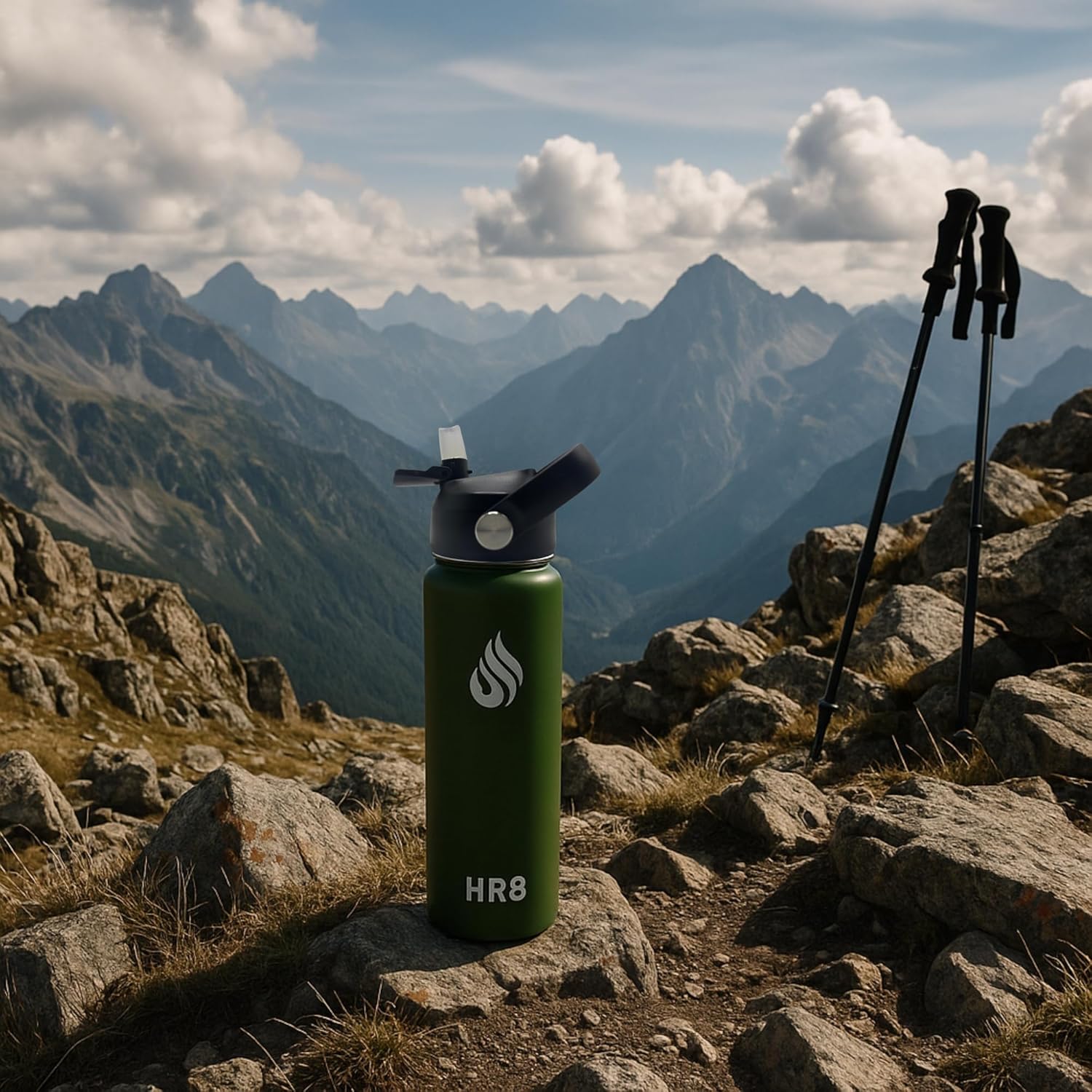 HR8 Stainless Steel Insulated Water Bottle with Straw Lid, Wide Mouth Stainless Steel Metal Water Bottle – 24H Cold, 12H Hot, Leakproof, BPA-Free (Army Green, 22 Ounces - 650ml)