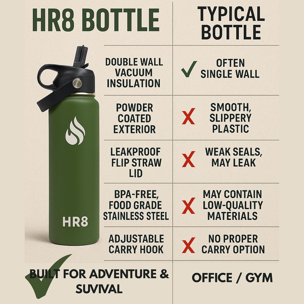 HR8 Stainless Steel Insulated Water Bottle with Straw Lid, Wide Mouth Stainless Steel Metal Water Bottle – 24H Cold, 12H Hot, Leakproof, BPA-Free (Army Green, 22 Ounces - 650ml)