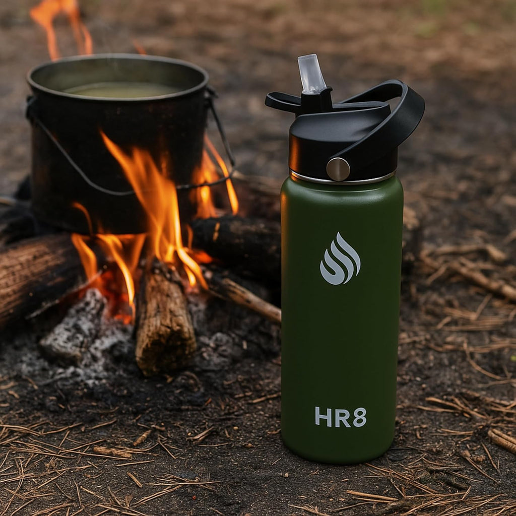 HR8 Stainless Steel Insulated Water Bottle with Straw Lid, Wide Mouth Stainless Steel Metal Water Bottle – 24H Cold, 12H Hot, Leakproof, BPA-Free (Army Green, 22 Ounces - 650ml)
