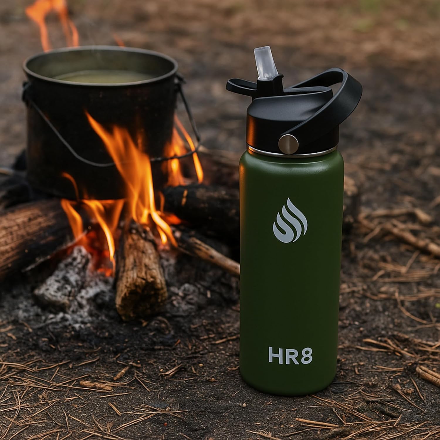 HR8 Stainless Steel Insulated Water Bottle with Straw Lid, Wide Mouth Stainless Steel Metal Water Bottle – 24H Cold, 12H Hot, Leakproof, BPA-Free (Army Green, 22 Ounces - 650ml)