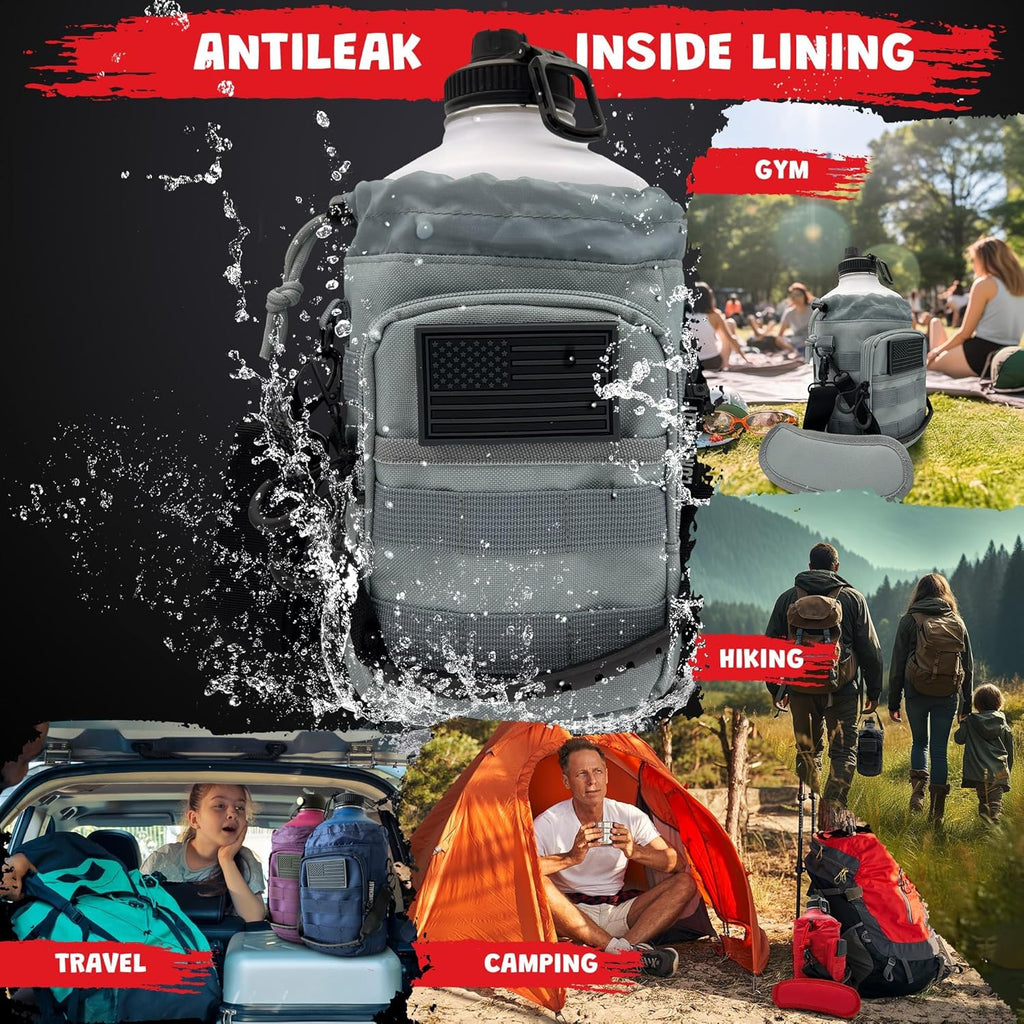 1 Gallon Water Bottle - 128 Oz Insulated Stainless Steel Metal Water Bottle with Holder - Carrying Bag - Spout Handle - Straw Lids - Keep Cold & Hot - White Tactical Flask